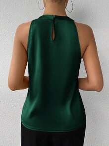 Privé Blusa de satén sin mangas con cuello de volantes de unicolor elegante para la oficina y el trabajo, color champán - Verde Oscuro - Ver 2