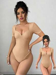 Nuevo lanzamiento de verano 2026: Mono de cuello en V profundo y cuello cuadrado de manga corta, elegante, estilizador, top de base que define la cintura, sexy y versátil para mujeres - Albaricoque - Ver 4