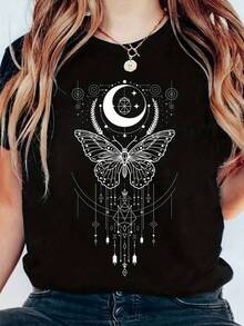 New 2026 Women's T-Shirts, Couple T-Shirts. Unique T-Shirt With Butterfly And Moon Design, Y2K Style, Perfect For A Modern And Bohemian Look. Ideal For Fashion Lovers In Mexico, It Stands Out For Its Artistic Design And Premium Quality. Available In One Size To Complete Your Wardrobe With A Special Touch. - 黑色 - 查看 6