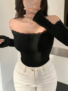 Camiseta ajustada para mujer con hombros descubiertos, con encaje y lazo de contraste, manga larga, top con hombros descubiertos - Negro - Ver 8