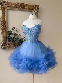 Elegante y lujoso vestido corto hecho a mano con aplicaciones bordadas, encaje de ganchillo y parches de satén, con abertura en la cintura, adecuado para citas, fiestas de solteros, galas, bailes, Día de San Valentín - Celeste - Ver 4