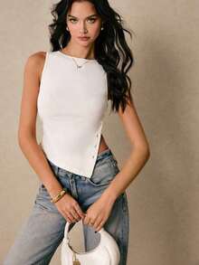Blusa de mujer de unicolor con cuello redondo y abotonadura asimétrica, elegante y de moda, top de verano, para vacaciones, salidas, estilo "old money" para mujer, verano para mujer - Blanco - Ver 1