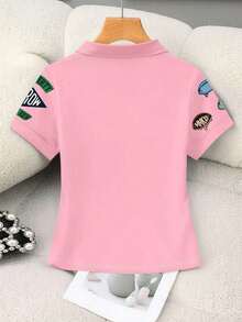 Polo corto de mujer con estampado a rayas ecuestre, cuello a contraste - Rosa - Ver 2