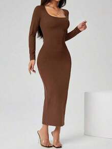 Vestido largo de manga larga con cuello cuadrado color negro sólido ajustado, vestido elegante de manga larga para mujer con cuello cuadrado, ajuste ceñido, manga recta, liso, para uso diario casual en primavera/otoño - Marrón - Ver 1