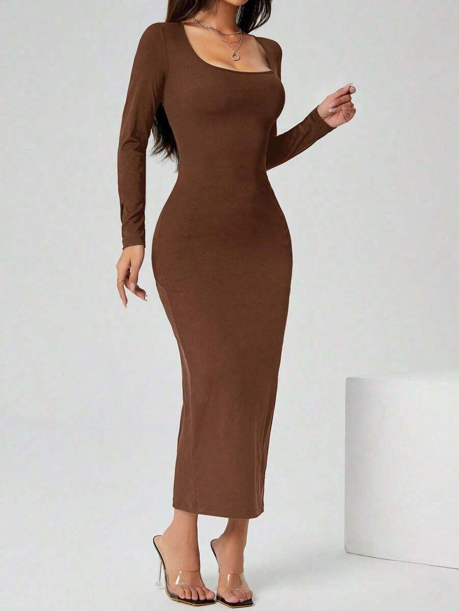 Vestido largo de manga larga con cuello cuadrado color negro sólido ajustado, vestido elegante de manga larga para mujer con cuello cuadrado, ajuste ceñido, manga recta, liso, para uso diario casual en primavera/otoño - Marrón - Ver 1