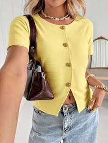 Cárdigan casual de mujer de manga corta, cuello redondo, con botones delanteros, de unicolor y delgado - Amarillo - Ver 3