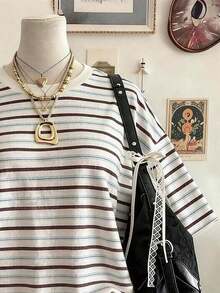 Camiseta de mujer de ajuste holgado, de longitud media, cuello redondo y hombros caídos, con estampado digital a rayas, regalo para amigos - Multicolor 6 - Ver 3