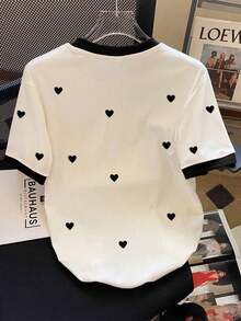 Camiseta casual versátil de manga corta con cuello redondo y estampado de corazón para mujer de talla grande - Negro 2 - Ver 2