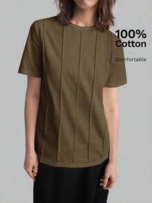 2026 Primavera/Verano Camiseta casual de mujer de manga corta con diseño de rayas de unicolor y cuello redondo, adecuada para el estilo casual urbano, la moda minimalista, el transporte urbano, la sencillez elegante, el Día del Maestro, la tela de p - Marrón - Ver 5