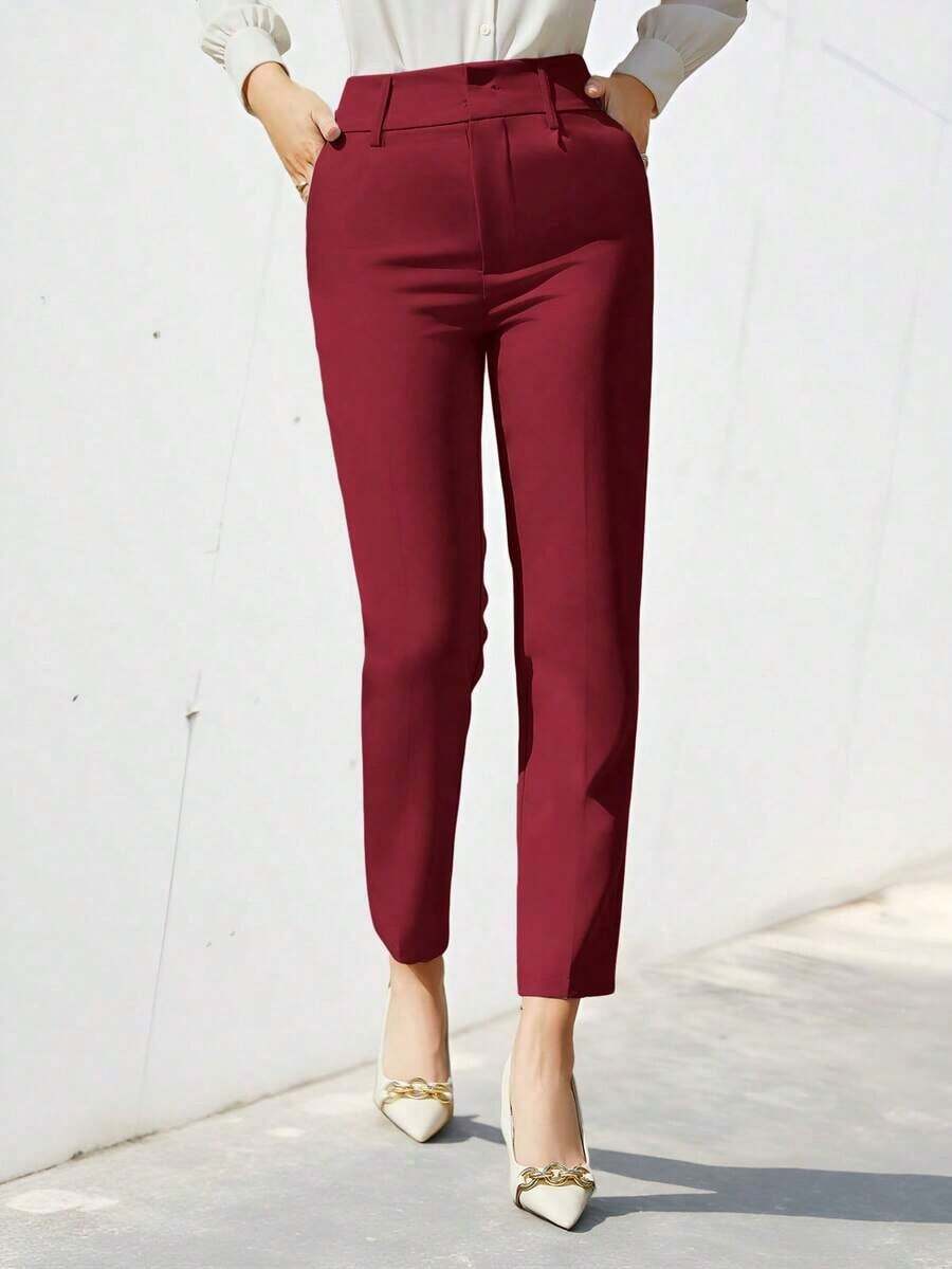 Pantalones de traje sólidos y simples para uso diario de mujer - Rojo - Ver 1