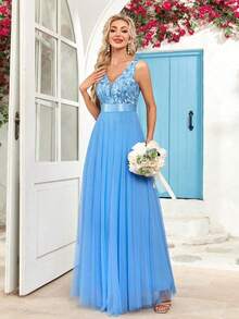 Vestido de dama de honor formal de línea A con escote en V sin mangas, bordado y de malla, vestido de fiesta elegante, vestido de invitado de boda formal, vestido de ceremonia de graduación, vestido de noche de primavera - Celeste - Ver 5