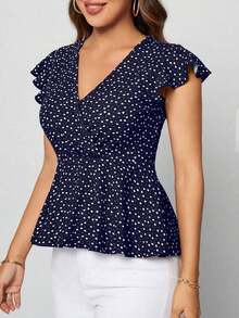 Clasi Camiseta con estampado de corazón y mangas de mariposa con volante - Azul marino - Ver 6