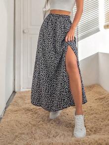 Falda De Verano Para Mujeres Con Estampado Floral Pequeño Y Abertura De Muslo - Blanco y Negro - Ver 7