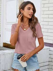 Camiseta de mujer cómoda de algodón, informal, con bolsillo, cuello en V, versátil y de moda - Morado - Ver 5