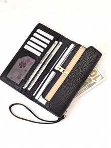 1pc Mini Handheld Wallet, Patchwork Colorblock Multi-Function Long Wallet Card Holder, Magnetic Closure Compact Soft Lightweight - Black - View 4