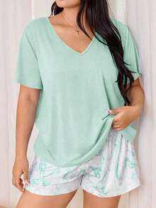 Miss Vinta Women's Plus Size 2-Piece Pajama Set With Short-Sleeve V-Neck Top And Floral Print Shorts. Comfortable Summer Pajama Set For Women With Shorts And Top, Summer Loungewear - 綠色的 - 查看 9