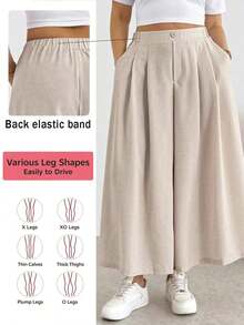 Pantalones/faldas cortas plisadas de cintura elástica, cómodos y sueltos, de estilo básico y versátil, para uso diario, que estilizan la figura, en color albaricoque, para mujeres de talla grande, para primavera/verano - Caqui - Ver 8