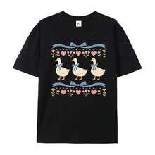 Women's Casual Printed Short Sleeve T-Shirt - Cute And Fun Print Of A Duck With A Bow, Pure Cotton Black T-Shirt With Round Neck, Machine Washable, Breathable And With Slight Stretch. - 黑色 - 查看 6