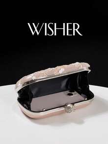 WISHER Elegant Versatile Sparkling Charm Embroidered Floral Evening Clutch Bag, Shimmering Sequin Random Floral & Leaf Design Detachable Chain Clutch, Suitable For Wedding, Party, Cocktail, Formal Occasions And Daily Use - Pink - View 4