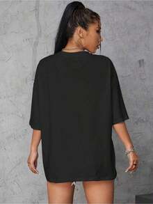 Camisetas Premium Casuales Unisex con Diseño de Escultura y Letras, Hombros Caídos, Camisetas Gráficas para Mujer - Negro - Ver 2