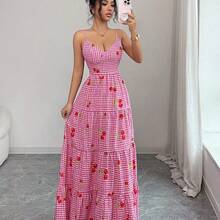 Vestido de tirantes rosa cereza con cintura ceñida y falda acampanada, vestido de verano casual y lindo para vacaciones. Vestido largo de mujer de verano estilo picnic, vestido maxi con lazo en la espalda a cuadros, vestido maxi a cuadros, vestido con estampado de fresa para mujer, vestido largo de verano, vestido rosa a cuadros para picnic, vestido con estampado de cereza para mujer, vestidos de verano para mujer, vestidos de picnic y vacaciones - Rosa - Ver 4