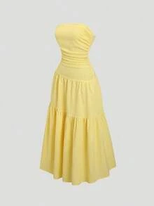 YHHSweetra Vestido casual de línea A amarillo sólido con pliegues, sin tirantes, de moda sencilla para fiestas, playa y citas, primavera y veranoYHH - Amarillo - Ver 7