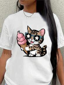 Camiseta de manga corta, ligera y duradera, con un divertido diseño de gato y helado, es perfecta para descansar en casa o salir a comer en un restaurante, ofreciendo una experiencia de uso cómoda para el día a día.women's shirts - Blanco - Ver 7