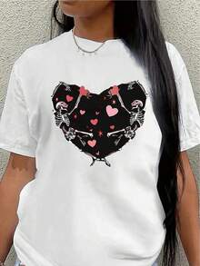 Camiseta de manga corta, ligera y duradera, con un diseño de corazón de calavera. Perfecta para estar en casa, salir a comer o realizar actividades al aire libre, tiene un estilo único con patrones de corazón rojo y esqueleto.women's shirts - Blanco - Ver 7