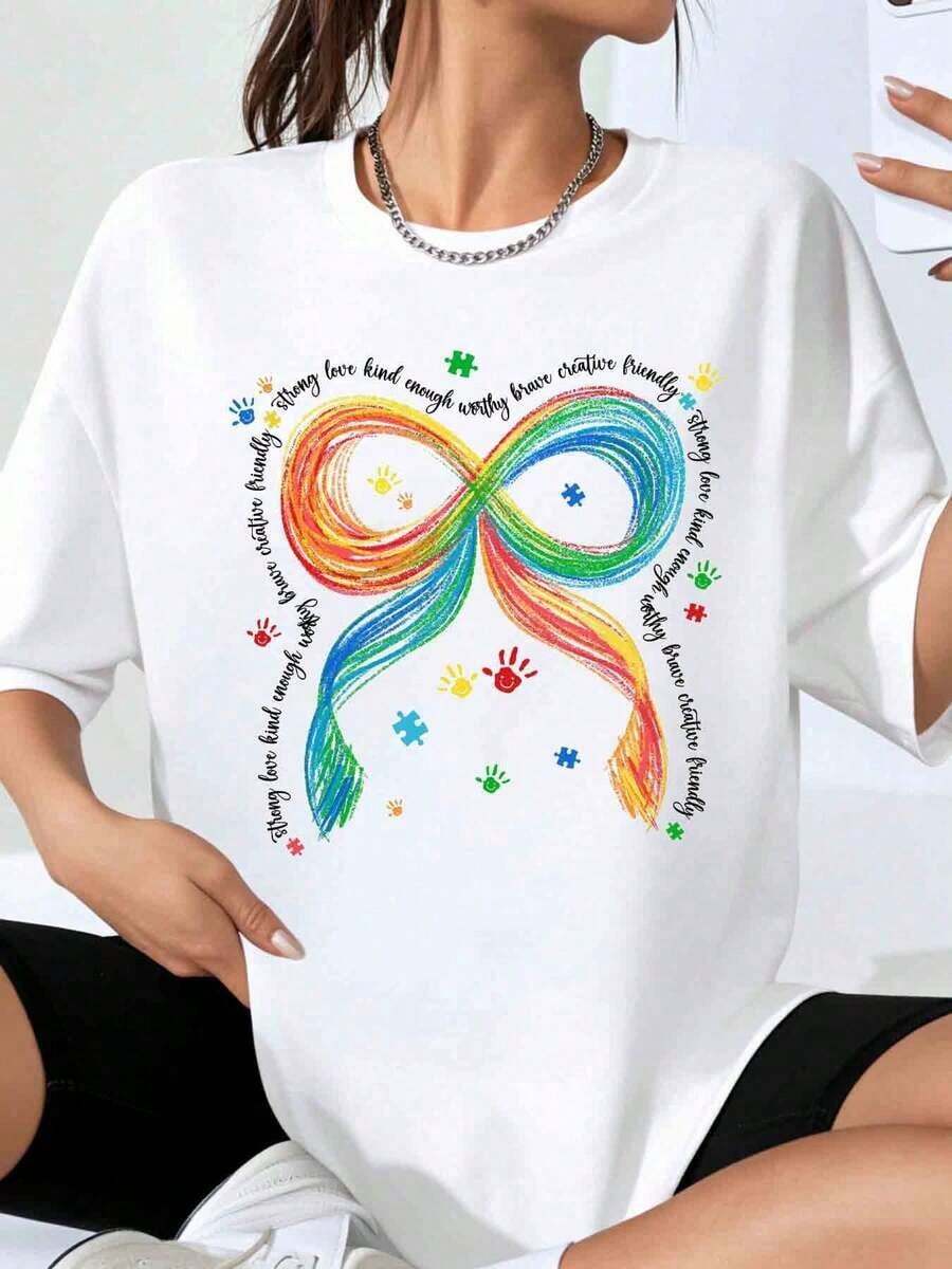 Camiseta con diseño de cinta infinita para la conciencia sobre el autismo, con palabras positivas y un diseño colorido para el apoyo y la promoción del autismo. - Blanco - Ver 1