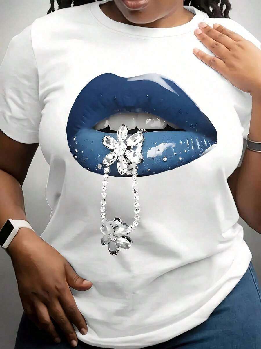Gift: 1 White Women's T-Shirt With Blue Lips Print And Diamond Chain, Round Neck, Casual Cotton T-Shirt, Medium Elasticity Knit Fabric, Regular Fit For Ladies, For Spring/Summer/Autumn, Soft. - 白色 - 查看 1