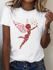 Women's Glittering Cupid Graphic T-Shirt - Casual Polyester Crew Neck, Short Sleeve, Machine Washable - Ideal For Spring & Summer - White - View 1