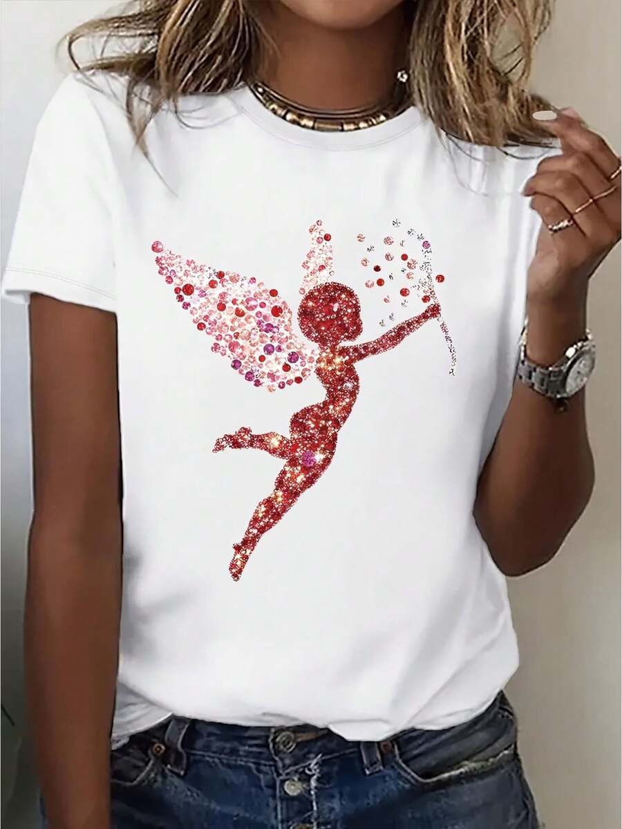 Women's Glittering Cupid Graphic T-Shirt - Casual Polyester Crew Neck, Short Sleeve, Machine Washable - Ideal For Spring & Summer - White - View 1
