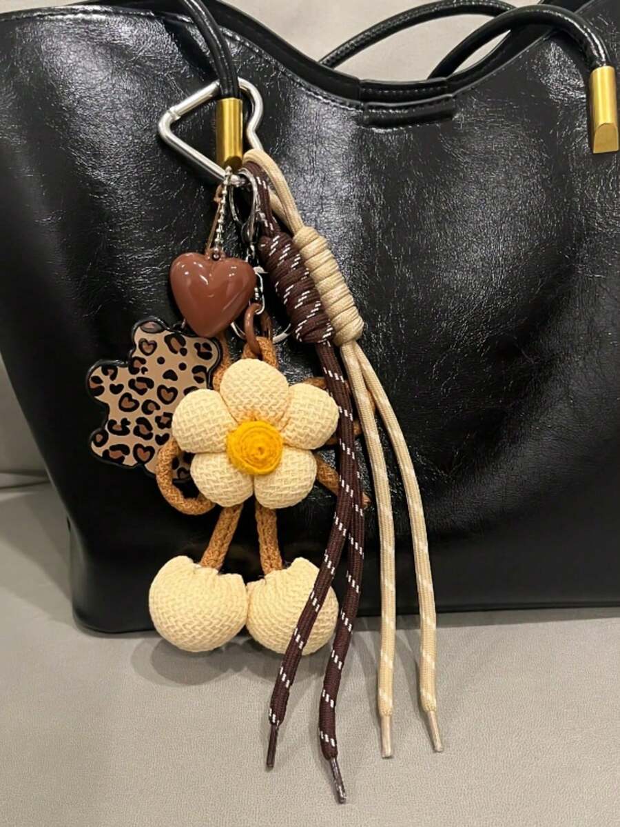 時尚藝術布藝花朵蝴蝶結鑰匙圈包包吊飾,附棕色小花珠設計,心形裝飾配件,時尚藝術布藝花朵蝴蝶結鑰匙圈包包裝飾吊飾 - 彩色 - 查看 1