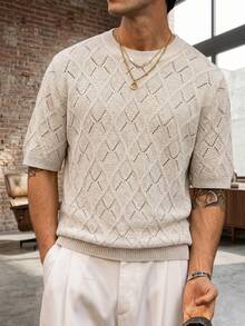 Spring/Summer Men's Unisex Round Neck Textured Hollow Out Lightweight Short Sleeve Knit Top Solid Color Streetwear Versatile Casual Vacation Business Loose Commute Daily Old Money Short Sleeve Knit Sweater Khaki - Khaki - View 1