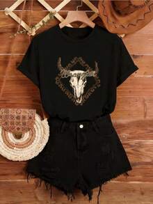 ropa de mujer Este producto solo incluye una camiseta, no incluye pantalones, Mujer, Camiseta de cuello redondo, Craneo de toro western, paleta de colores arena, marrón oscuro, dorado, ilustración gráfica, detalle ornamental, composición simétrica, motivo repetitivo, estética rústica, sofisticada, detalle con letra de cuerda, ornamento de pañuelo, diseño de estampado, lavable a máquina, tela resistente, estilo casual, material cómodo, ropa casual holgada, combina con jeans, combina con botas western, combina camisas de mujer - Negro - Ver 7