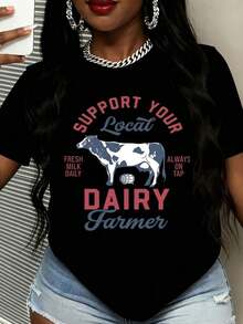 Camiseta con estampado de vaca para apoyar a tu productor lechero local, con la frase "Leche fresca todos los días, siempre disponible". Camiseta gráfica para mujer, atuendo casual de verano, top con temática de vida en la granja. - Negro - Ver 6