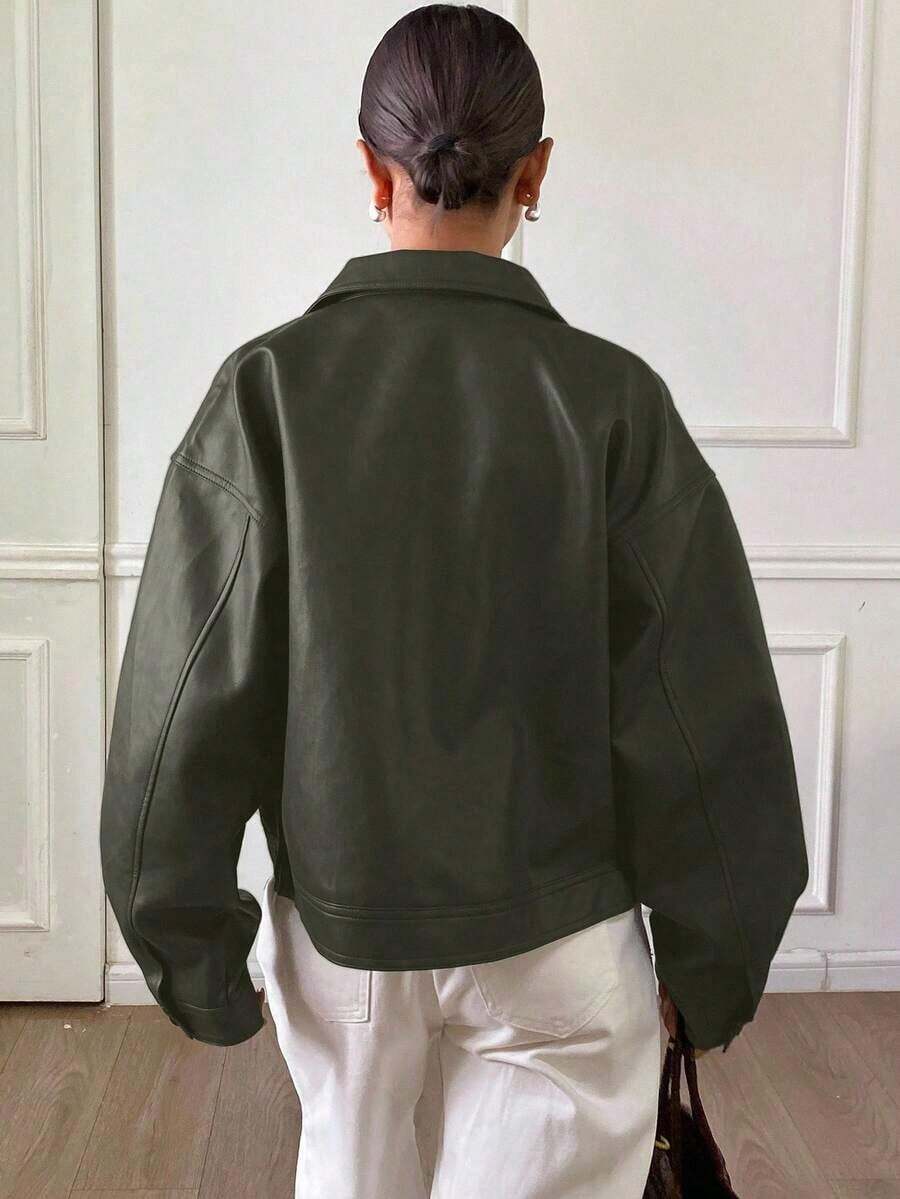 Otoño/Invierno Nueva Chaqueta Casual Holgada y Gruesa de PU para Mujer, Abrigos para Mujer - Verde Oscuro - Ver 1