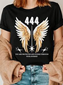 1 pieza de camiseta estampada con alas de ángel 444, camiseta de bendición de ángel dorado, 180g, 100% algodón - Negro - Ver 1