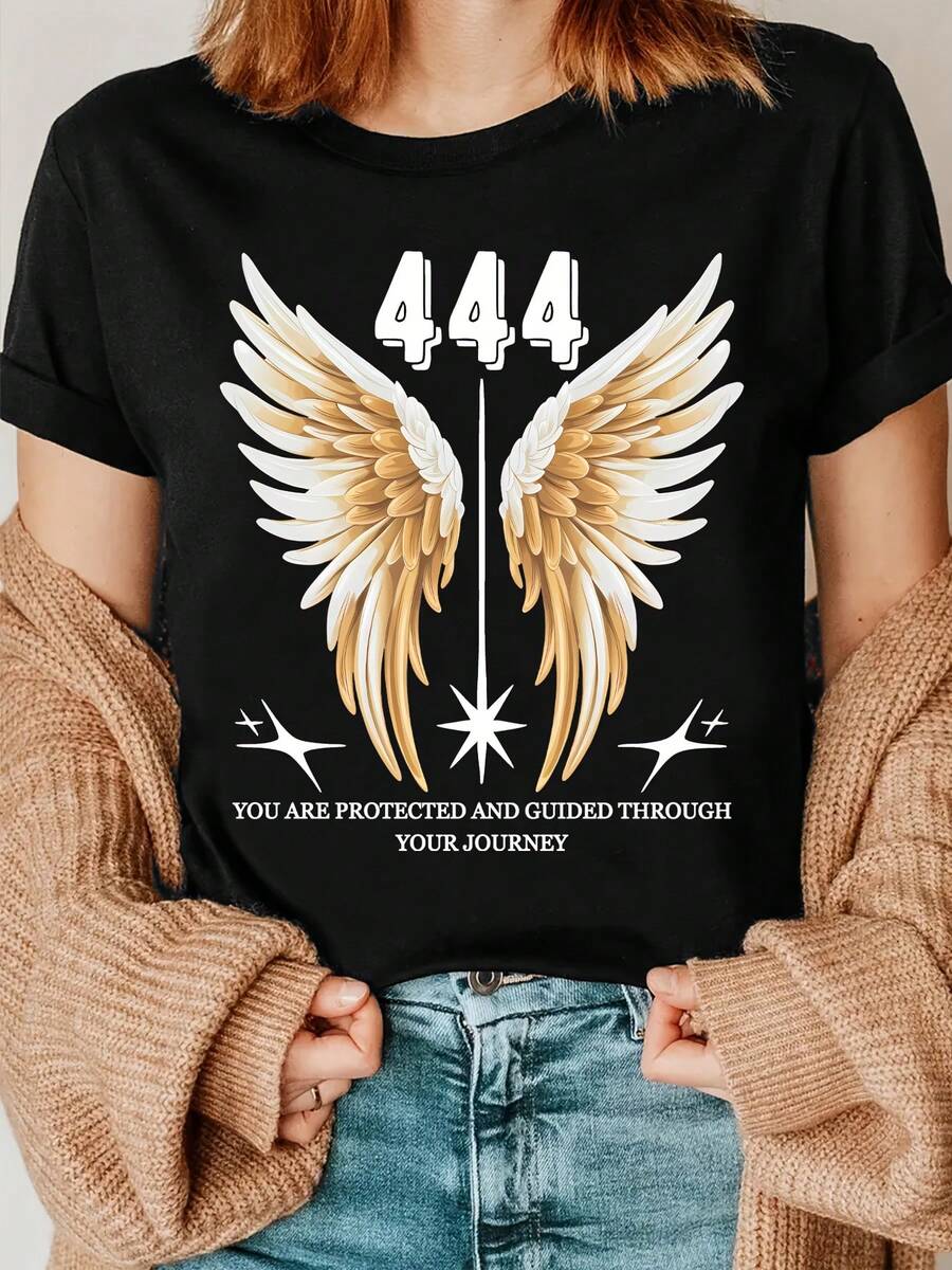 1 pieza de camiseta estampada con alas de ángel 444, camiseta de bendición de ángel dorado, 180g, 100% algodón - Negro - Ver 1