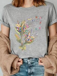 1 Funny Floral Sewing Print T-Shirt, Seed Pod Design T-Shirt With Sewing Materials, Floral Shirt With Lace And Buttons, T-Shirt For Crafters And Sewing Enthusiasts, Breathable And Machine Washable Summer Clothes For Women, Casual And Versatile Style, 180g 100% Cotton. - 白色 - 查看 10