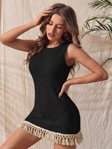 1 pieza Body sin mangas de mujer con textura de malla y flecos largos, estilo elegante - Negro - Ver 1