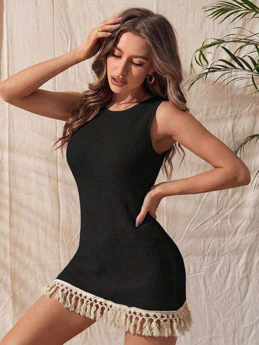 1 pieza Body sin mangas de mujer con textura de malla y flecos largos, estilo elegante - Negro - Ver 1