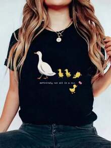 Camiseta de mujer, top casual estampado con diseño de una madre pato y patitos traviesos, mangas cortas deportivas, adecuada para uso diario informal y vacaciones. - Negro - Ver 7