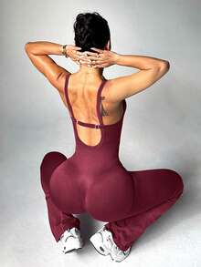 Burgundy Seamless Flare Leg Jumpsuit For Women, Tank Top Style With Adjustable Shoulder Straps, High Waist, Butt-Lifting, Tight-Fitting Jumpsuit - Burgundy - View 5