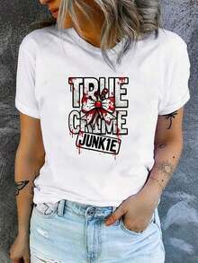 Women's Summer T-Shirts: Gothic Style Short-Sleeved T-Shirt With Realistic Crime Scene Prints And Crime Scene Tape, Casual T-Shirt, Comfortable For All Seasons, Suitable For Crime Enthusiasts, Machine Washable, Unique T-Shirt, Warm Clothing, Cutting-Edge Fashion, High-Quality Stitching, Soft Fabric, Loose And Comfortable Summer Clothing. - 白色 - 查看 1