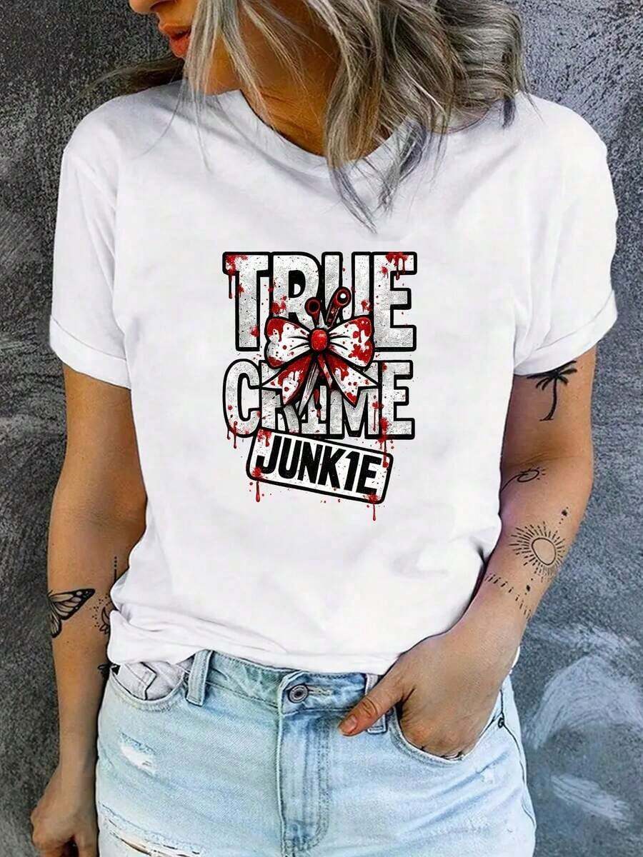 Women's Summer T-Shirts: Gothic Style Short-Sleeved T-Shirt With Realistic Crime Scene Prints And Crime Scene Tape, Casual T-Shirt, Comfortable For All Seasons, Suitable For Crime Enthusiasts, Machine Washable, Unique T-Shirt, Warm Clothing, Cutting-Edge Fashion, High-Quality Stitching, Soft Fabric, Loose And Comfortable Summer Clothing. - 白色 - 查看 1
