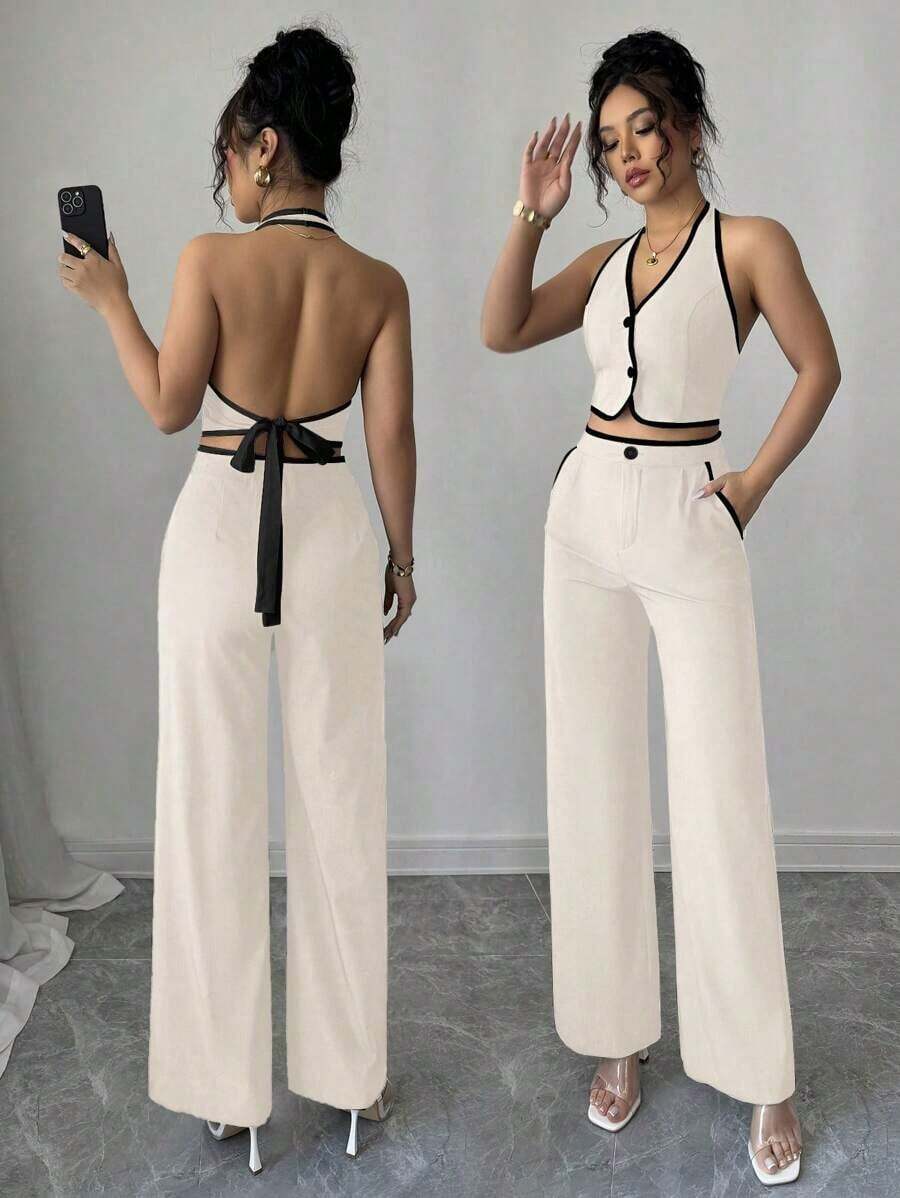 Set de 2 piezas para mujer: Top halter de cuello con recorte de contraste y espalda descubierta, y pantalones con bolsillo - Albaricoque - Ver 1