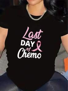 Short-Sleeved T-Shirt For The Last Day Of Chemotherapy | Lightweight And Durable Fabric, With Pink Ribbon Design, Comfortable Fit For Women, Round Neck, Very Suitable For Use At Home Or In The Hospital. - 黑色 - 查看 1