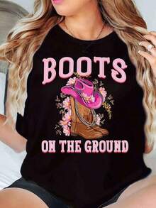 Women's Clothing Women's T-Shirt With Floor Boots Print, Text And Cowboy Hat With Flowers, Round Neck, Western Casual Style, Gift For Her, Women's Shirts - 黑色 - 查看 6