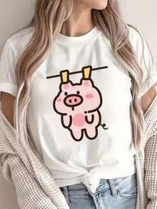 Under The Radar Women's Casual Short Sleeve T-Shirt With Pig And Clothesline Print - Soft Polyester Crew Neck T-Shirt, Pink, Machine Washable, Comfortable For All Seasons, 100% Cotton Ladies' T-Shirts. Unisex Loose Fit Short Sleeve Crew Neck Cotton T-Shirt, Urban Vintage Style - 白色 - 查看 7
